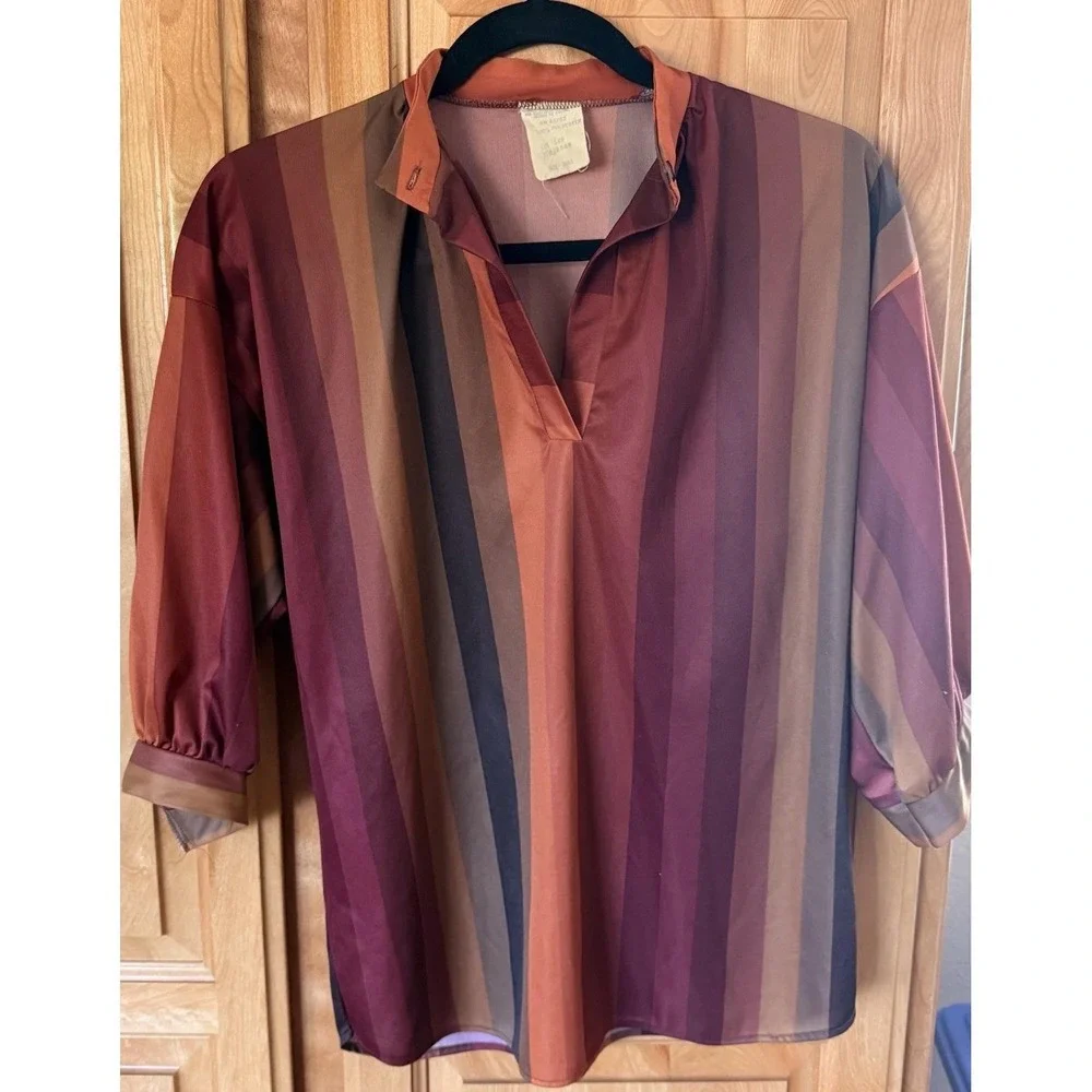 Vintage 70s Sears Blouse Small Top Balloon Sleeve Mandarin Collar Disco Striped - Picture 12 of 16